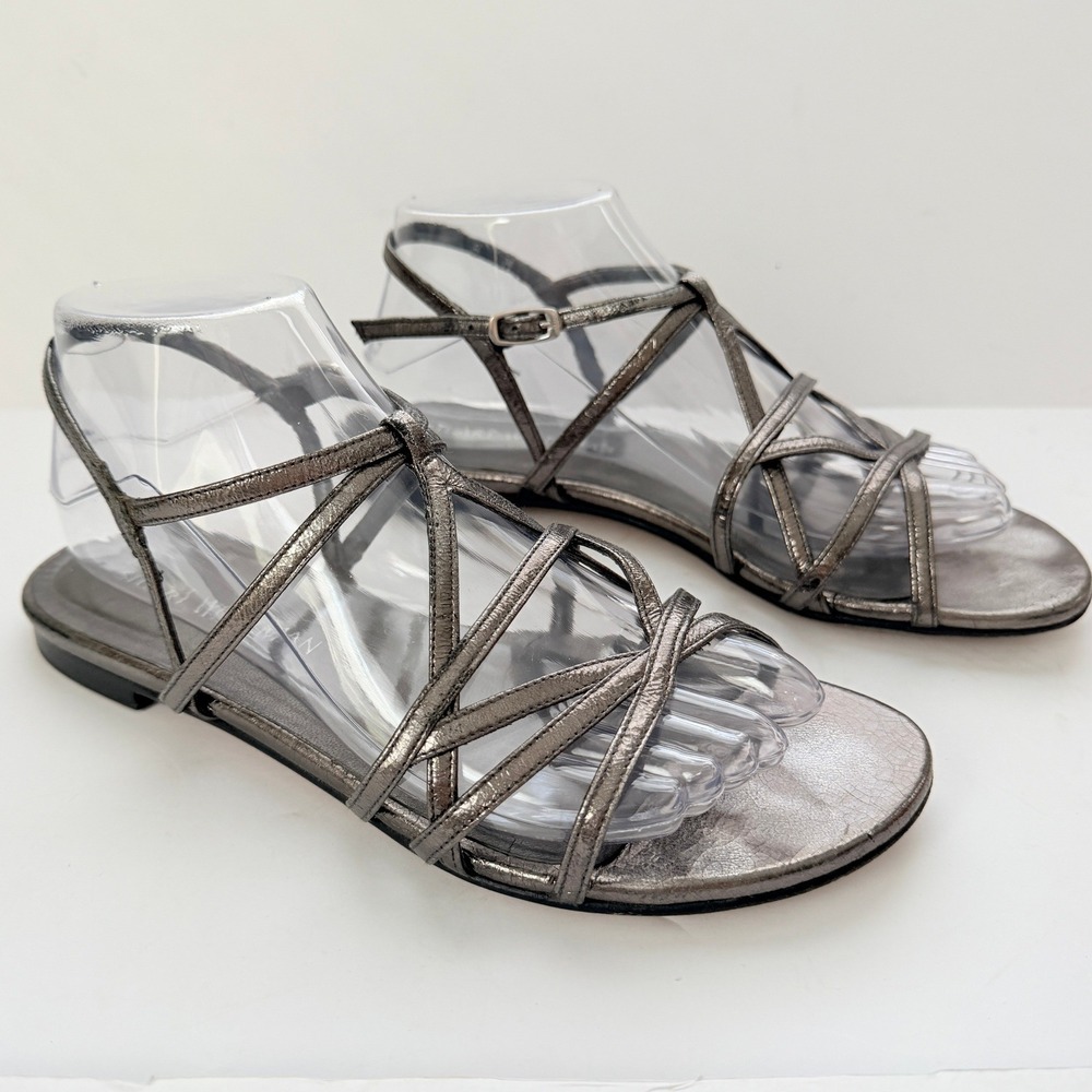 Stuart Weitzman Pewter Metallic Strappy Flat Sandals Womens Size 8 M